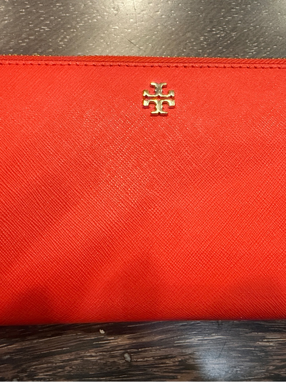 Tory Burch Bright Red/Orange Zip-Around Wallet with Gold Logo Saffiano